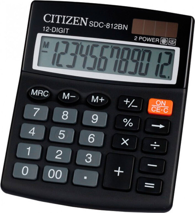 Citizen SDC-812NR, Desktop, Grunnleggende, 12 sifre, 1 linjer, Batteri/Solcelle, Sort