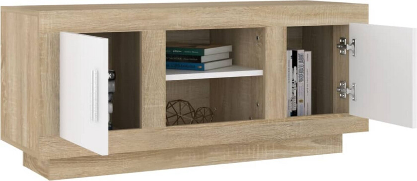 TV-benk hvit og sonoma eik 102x35x45 cm konstruert tre