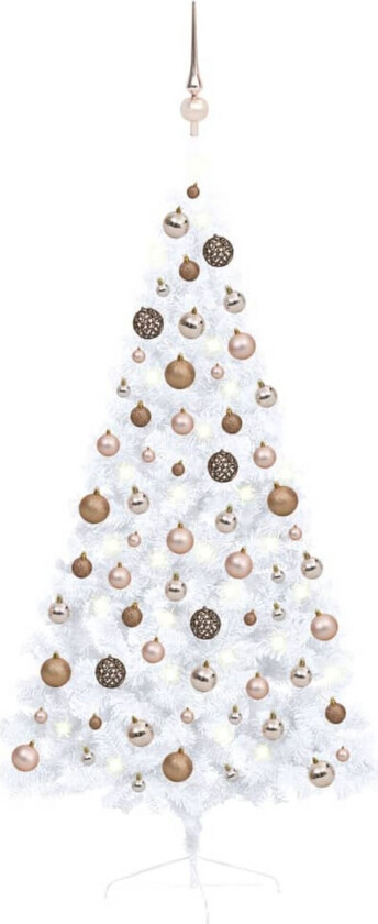 Forhåndsbelyst kunstig halvt juletre med kulesett hvit 150 cm