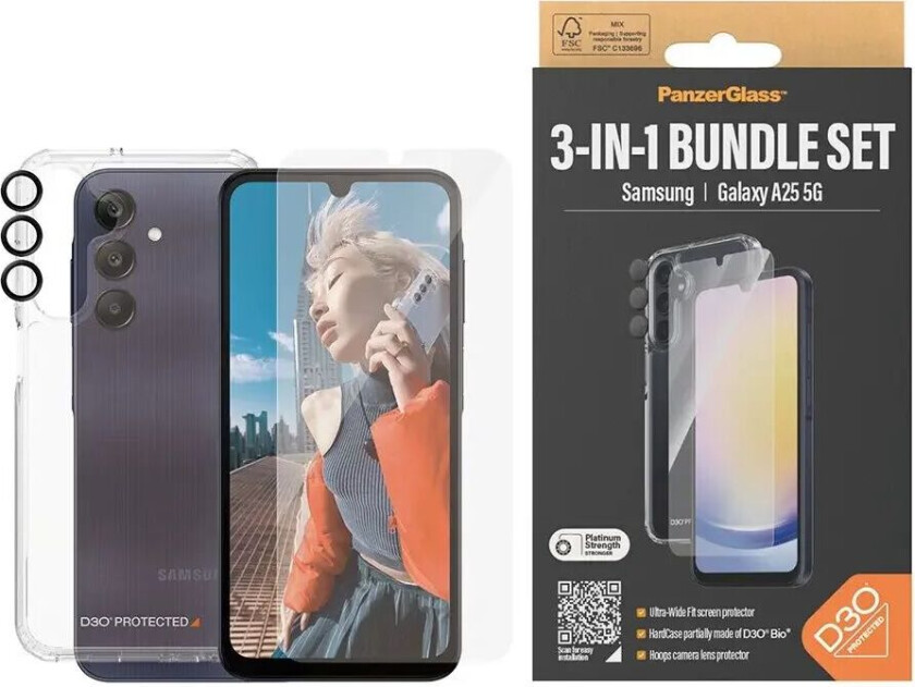 Samsung Galaxy A25 (5G) 3-i-1-Bundle m. EasyAligner - Skjermbeskyttelse (UWF) / D3O Bio Hardcase-deksel / Hoops Kamerabeskyttelse - Gjennomsiktig / Svart