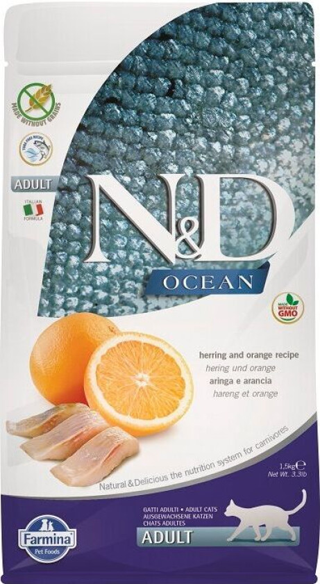 N&D Ocean Herring & Orange Adult Tørrfôr til katt 1,5 kg