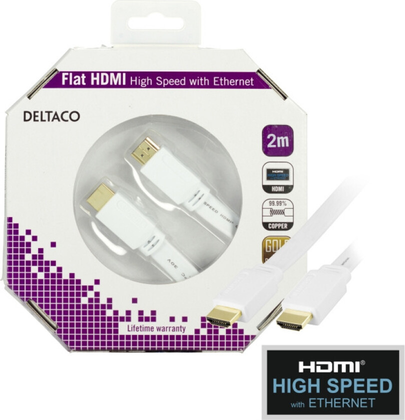 Bilde av HDMI-kabel, v1.4+Ethernet, 19-pin ha-ha, 1080p, flat, hvit, 2m