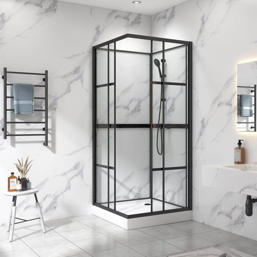 Komplett dusjkabinett 80x80x215cm Industridesign i rute Svart