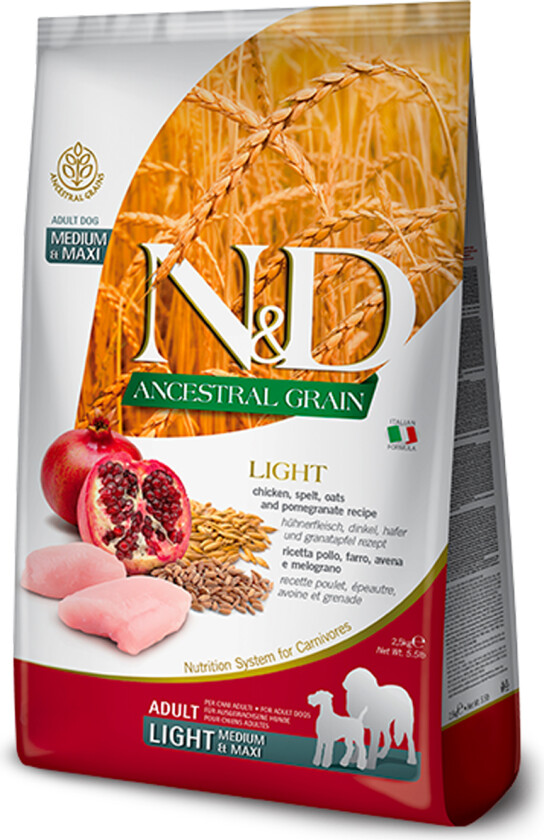 N&D Ancestral Grain Chicken & Pomegranate Light Adult Medium/Maxi Tørrfôr til hund 12 kg