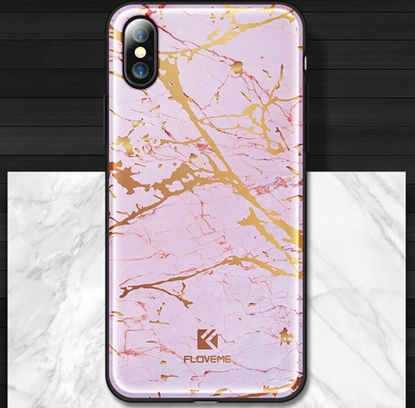 Rosa FLOVEME iPhone X marmordeksel med gulldetaljer
