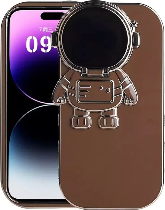 iPhone 14 Pro Fleksibelt Plast Deksel med 3D Astronautfigur og Kamerabeskyttelse - Brun / Gull