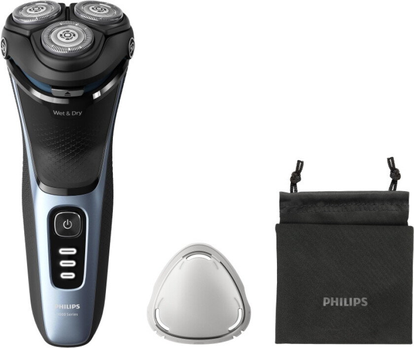 Shaver 3000 Series S3243/12 Våt og tørr elektrisk barbermaskin, Roterende hode, Sort, Blå, Batteri, Lithium-Ion (Li-Ion), 60 min, 1 timer