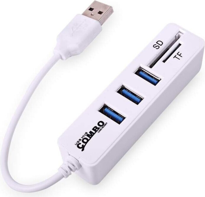 Mini USB 2.0 Minnekortleser + USB Hub, Hvit