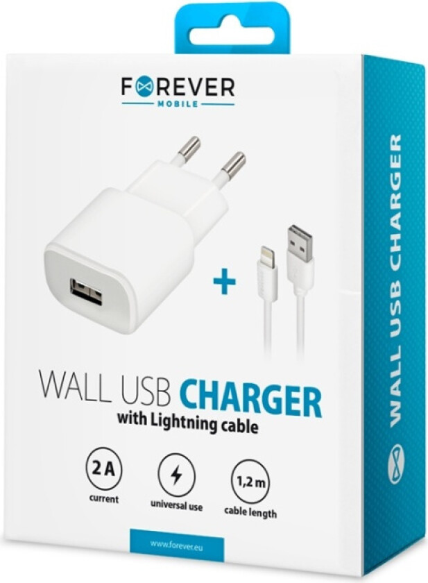 Vegglader USB 2A TC-01 + iPhone 8-pinners kabel - Hvit