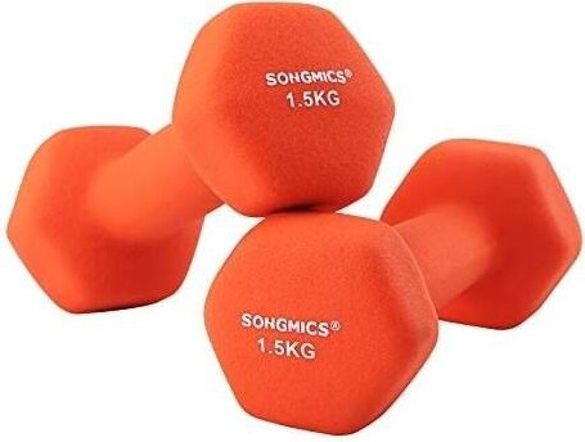 Sett med 2 manualer, 2 x 1,5 sklisikre håndvekter i neopren med matt finish, hjemmetrening, fitnesstrening, oransje SYL63OG