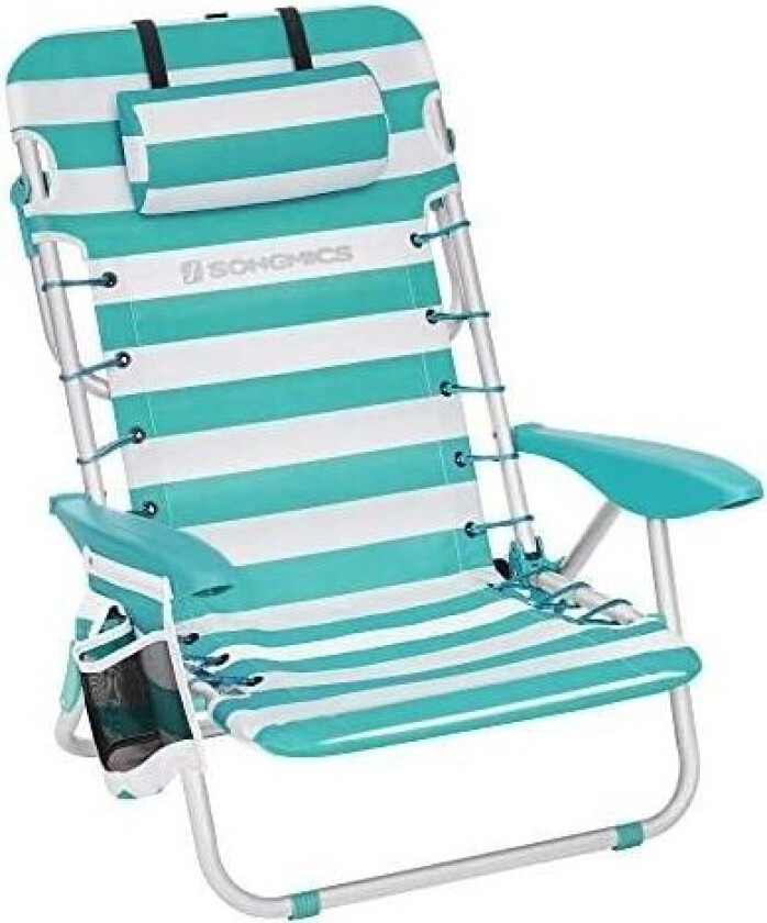 Strandstol, sammenleggbar campingstol, bærbar utendørsstol, bæres som ryggsekk, med justerbar ryggstøtte, nakkestøtte, armstøtte