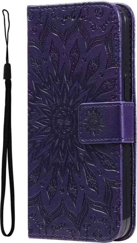 iPhone 15 Plus Skinn Deksel med Lommebok og Stropp - Mandala Blomst - Lilla