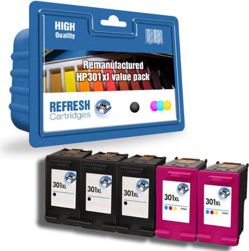 HP 301 BK XL / HP 301 C XL blekkpatron økonomipakke 5 stk kompatibel 79 ml