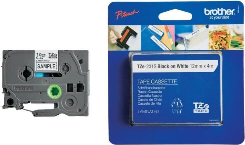 TZe-231S 12mm Black on White Tape 4m