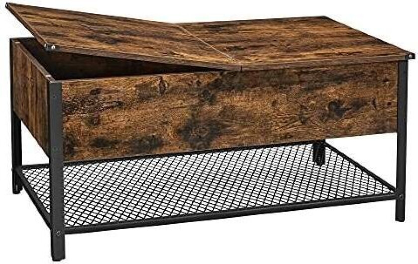 Salongbord, stuebord med vippelokk, skjult oppbevaringsrom og nettinghylle, stålramme, for stue, industri, 100 x 55 x 47 cm, rus