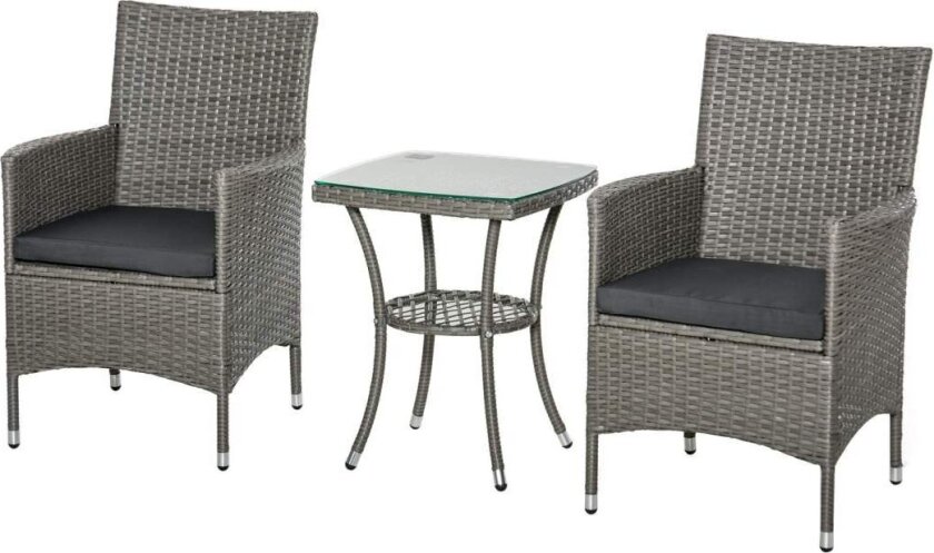 Hagemøbelsett I Rotting Med Sidebord Bistrosett 3-Delt. Balkongmøbelsett Rotting Hagesett Sitteplasser Polyrattan + Stål 60X58,5