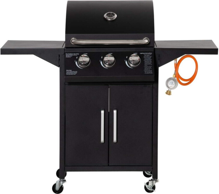 Gassgrill Bbq Med 3 Brennere 3 Kw Hver Mobil Grillvogn Med 4 Hjul Grillnett Sidebord Trykkreduseringsslanger Stål 121 X 55 X 109