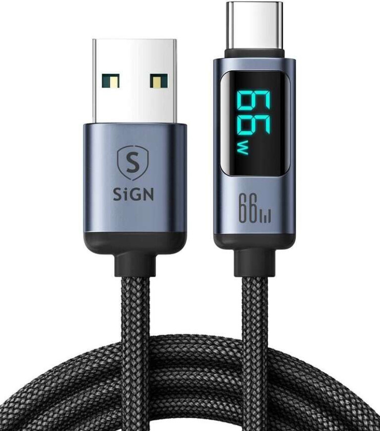 SiGN Prism Series 66W USB-A til USB-C-kabel med skjold, 1,2 m - Svart