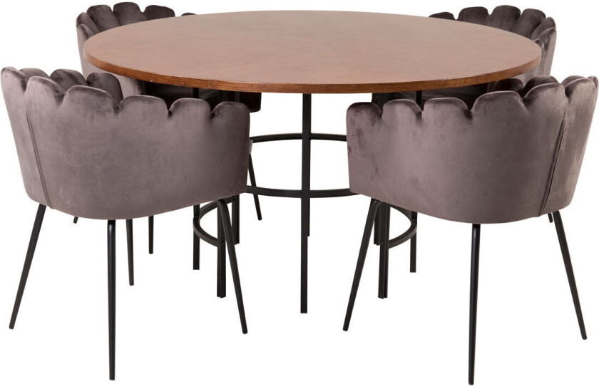 Copenhagen spisegruppe spisebord brun og 4 Limhamn spisestuestoler velour grå.