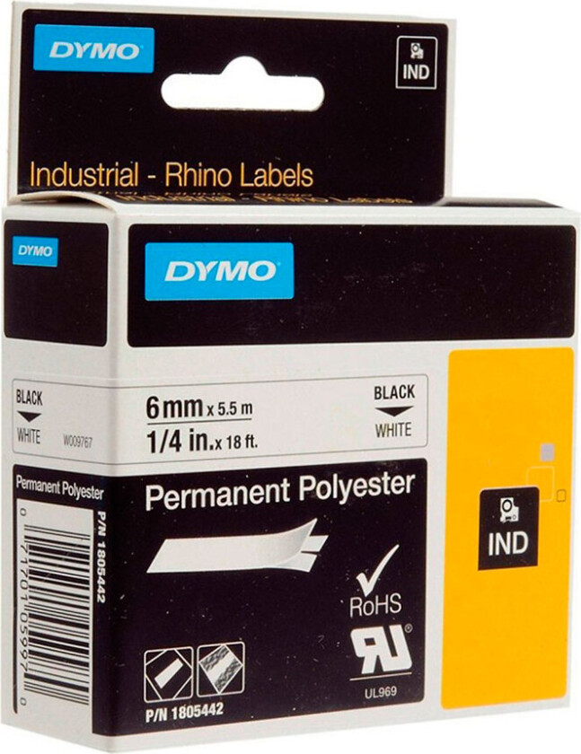 Dymo Tape Rhinopro Permanent Polyester 6mm Svart/hvit