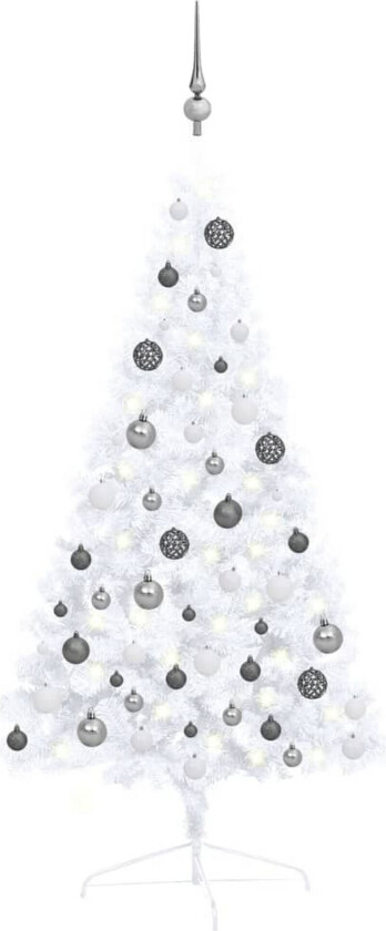 Forhåndsbelyst kunstig halvt juletre med kulesett hvit 120 cm