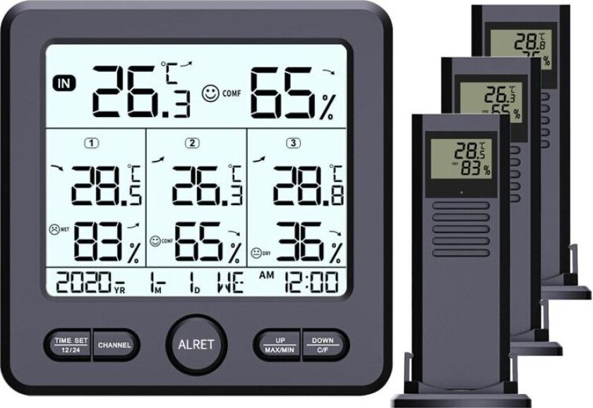 INF Digitalt termometer / hygrometer med 3 fjernsensorer Sort