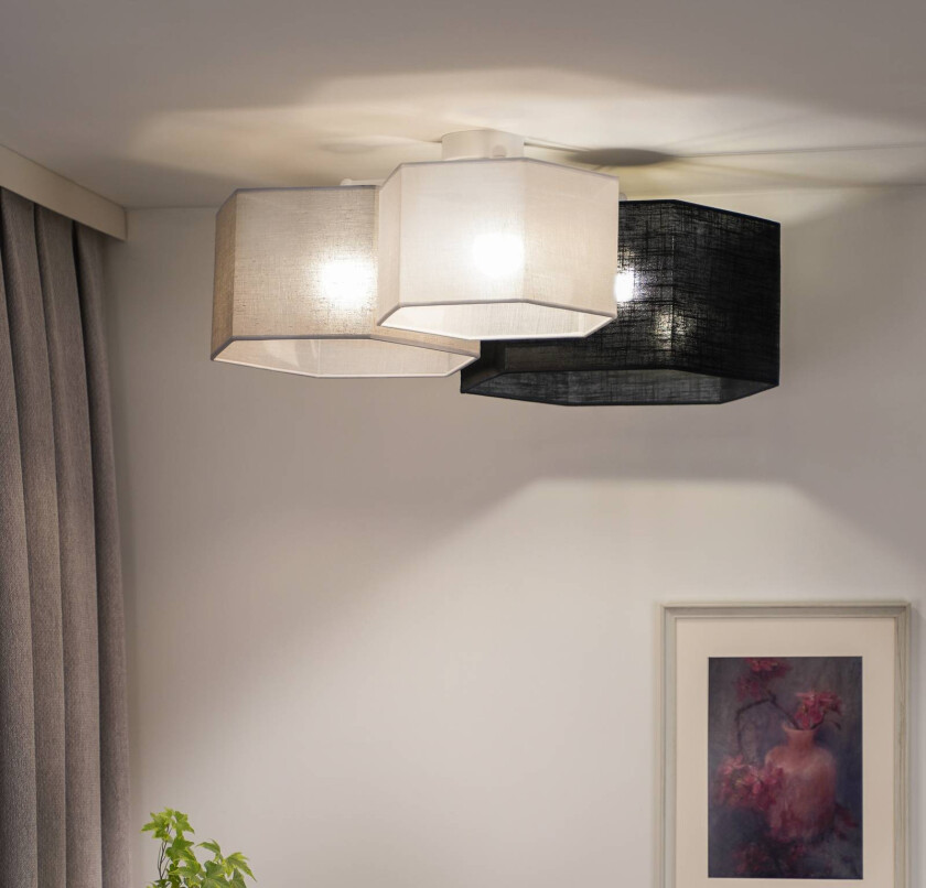 taklampe Emil, tekstil, svart/grå/hvit, 3-flammig