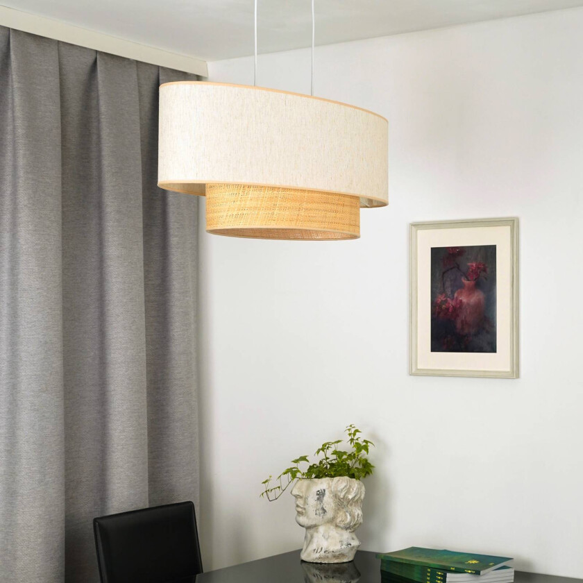 pendellampe Boho bomull, beige, naturlig raffia, 80 cm