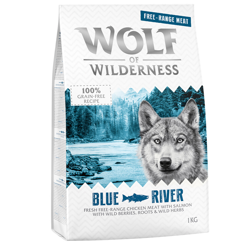 1 kg Wolf of Wilderness hundefôr til spesialpris! - Blue River - Frittgående kylling & Laks
