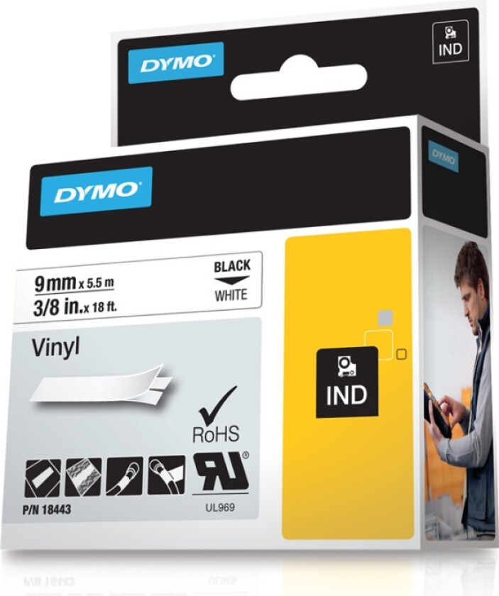 Dymo Tape Rhinopro Permanent Vinyl 9mm Svart/hvit