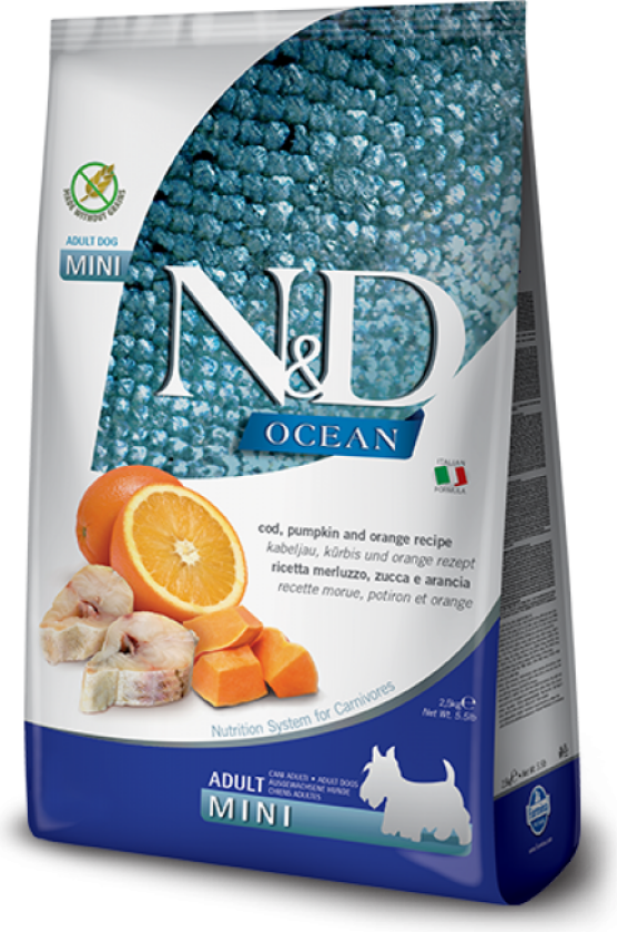 N&D Ocean Cod, Pumpkin & Orange Adult Mini Tørrfôr til hund 2,5 kg