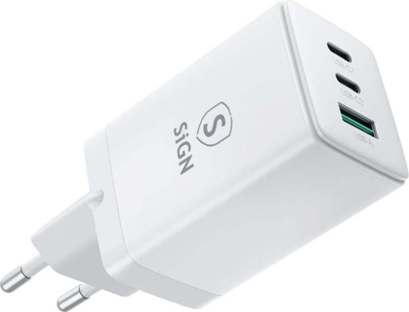 SiGN GaN Ultra 65W 2xUSB-C & 1xUSB-A Hurtiglader - Hvit
