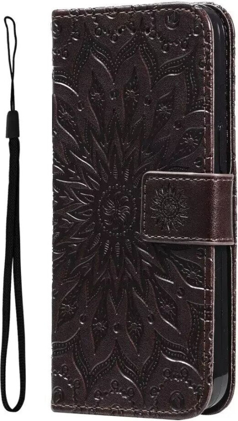 iPhone 15 Pro Max Skinn Deksel med Lommebok og Stropp - Mandala Blomst - Brun