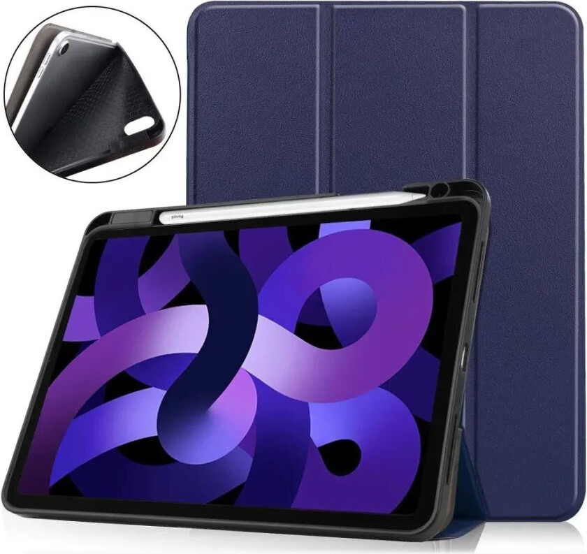 iPad Air 11" (2024) Litchi Tri-Fold Skinn Deksel med Apple Pencil Holder - Mørke Blå