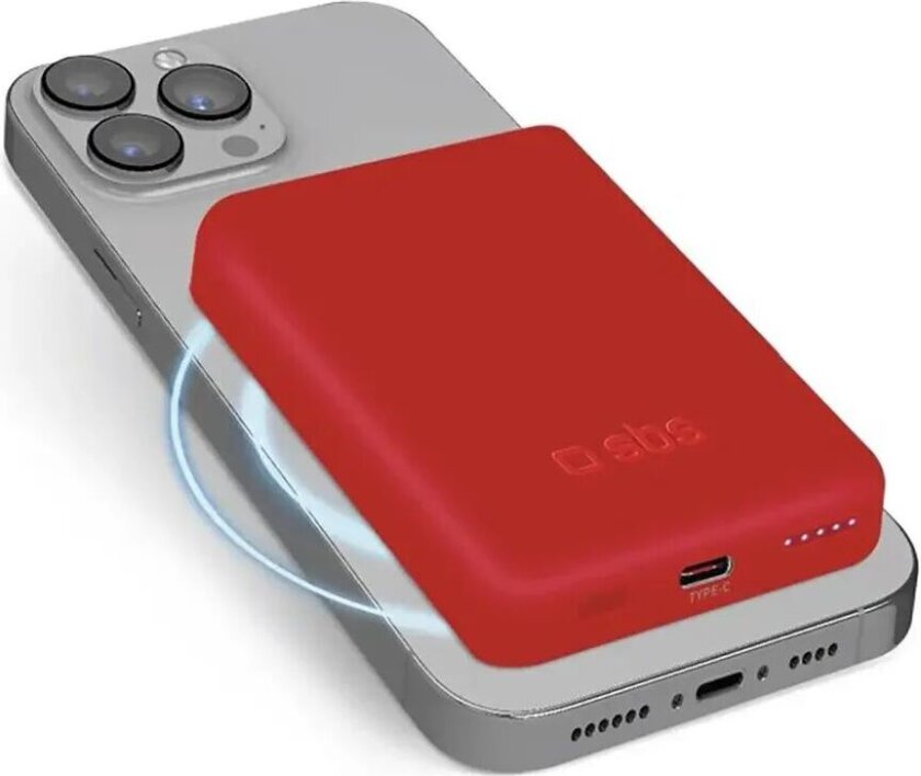 Mag PowerBank 5000 mAh med USB-C og Trådløs Lading - Rød