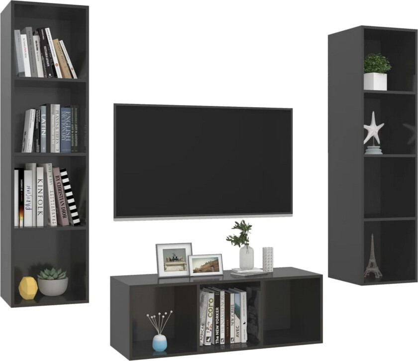 TV-benksett 3 deler høyglans grå sponplate