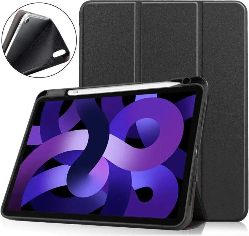 iPad Air 11" (2024) Litchi Tri-Fold Skinn Deksel med Apple Pencil Holder - Svart