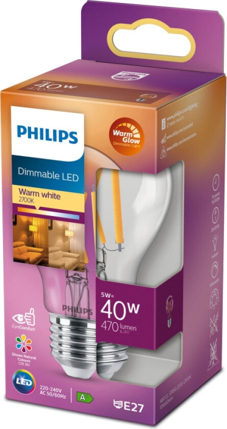 LED-lyspære Standard 5W/922-927 (40W) Clear WarmGlow Dimmable E27