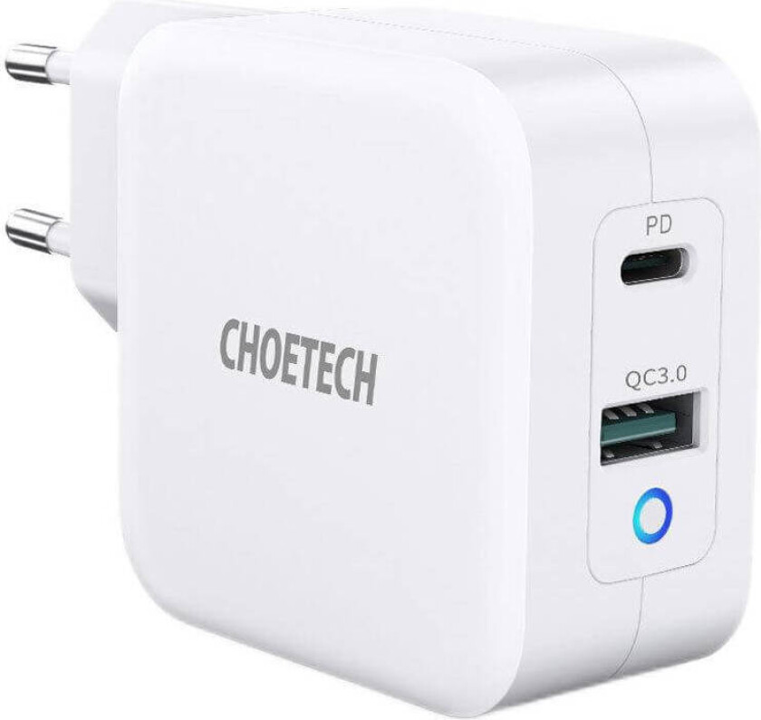 Choetech 65W GaN Vegglader med USB-C & USB-A - PD & QC - Hvit