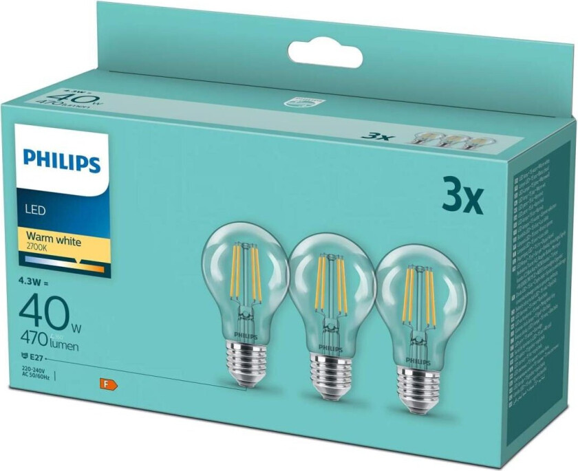 LED-lyspære Classic Standard 4,3W/827 (40W) Clear 3-pack E27