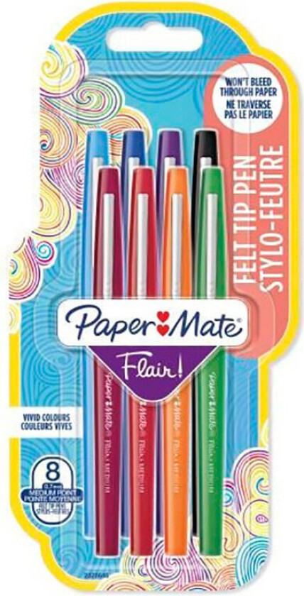 Paper Mate Flair Felt Tip Pens | Medium Point (0.7mm) | Assorted Colours | 8 Count