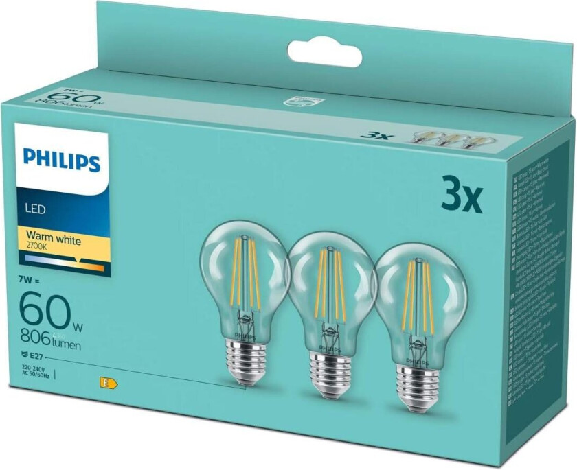 LED-lyspære Classic Standard 7W/827 (60W) Clear 3-pack E27