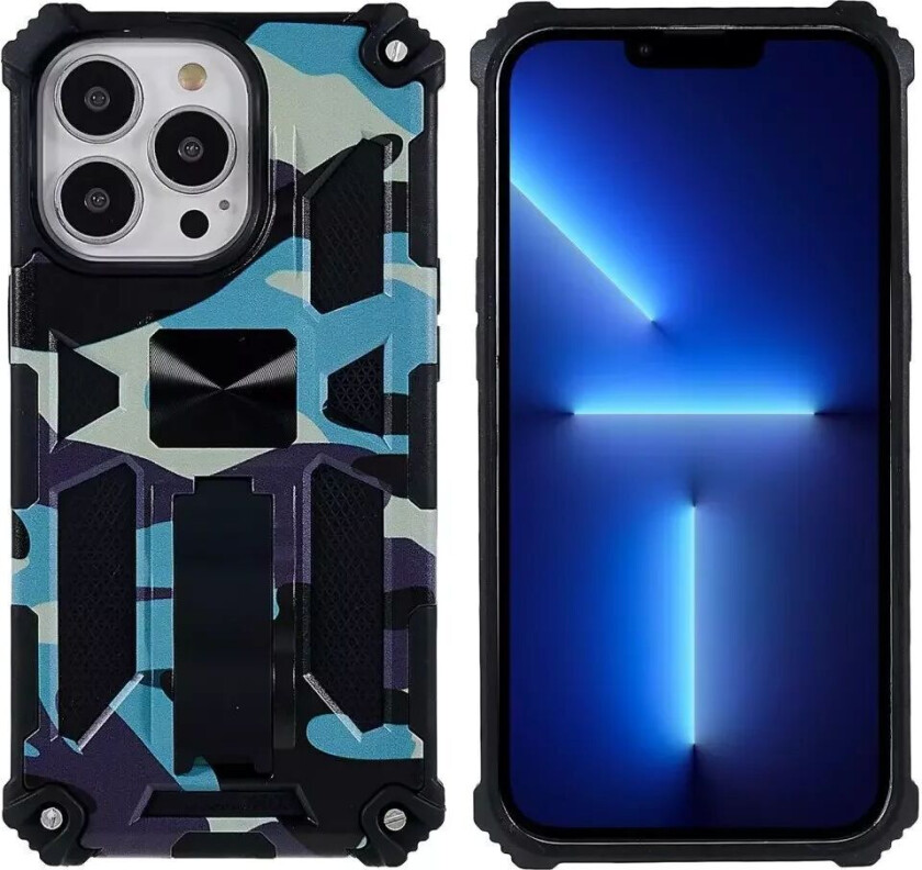 iPhone 13 Pro Kamuflasje Shock-Proof Deksel med Stativ - Blå