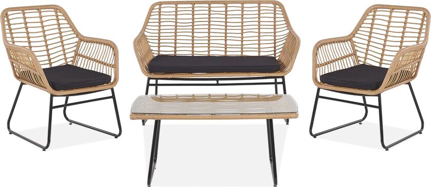 Hagesofasett i svart imitert rotting med seteputer og salongbord