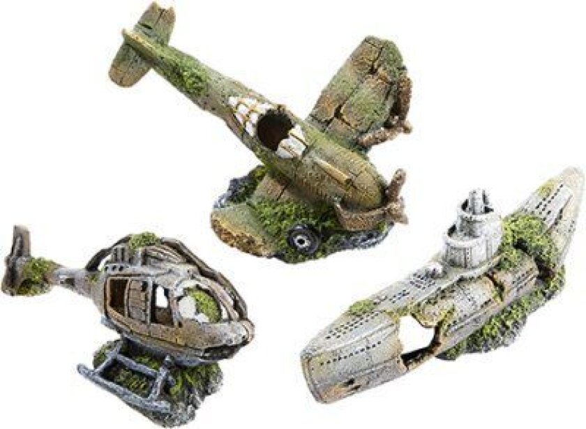 Akvariedekorasjon ubåt, fly og helikopter 3pk