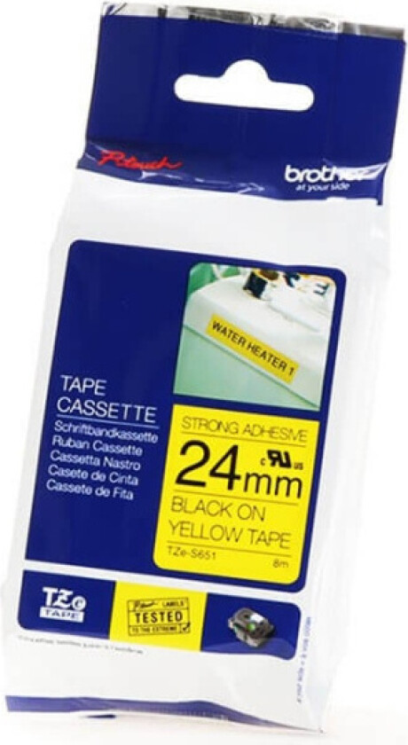 Tape 24mm Tze-s651 Svart/gul Ekstra Sterk
