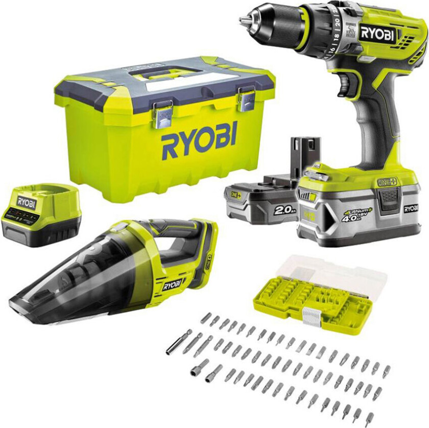 Ryobi R18PD31-242VTA55 ONE+ batterimaskinsett m/tilbehør m/batteri (18V)