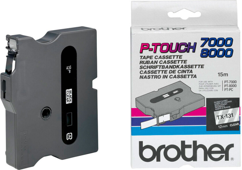 TX-131 etiketttape - 15,4 m (12 mm) svart/gjennomsiktig