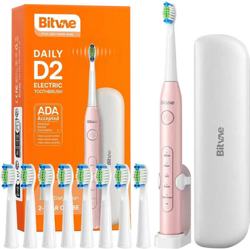 Bitvae D2 Sonic elektrisk tannbørste m/etui + børstehoder (40 000 RPM) Rosa