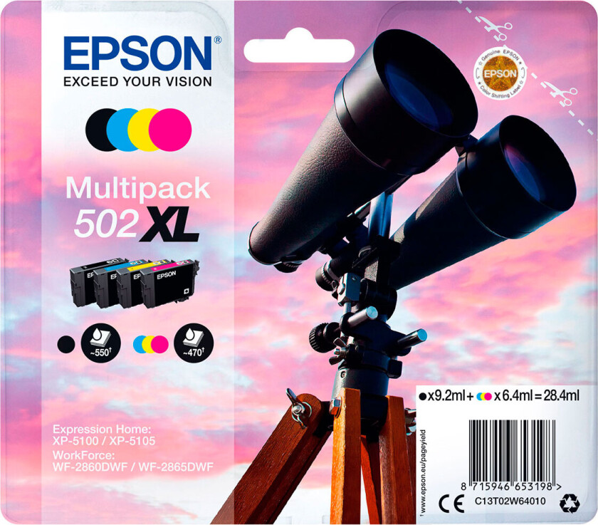 502XL verdipakke blekkpatroner (550/470 sider) svart/magenta/cyan/gul